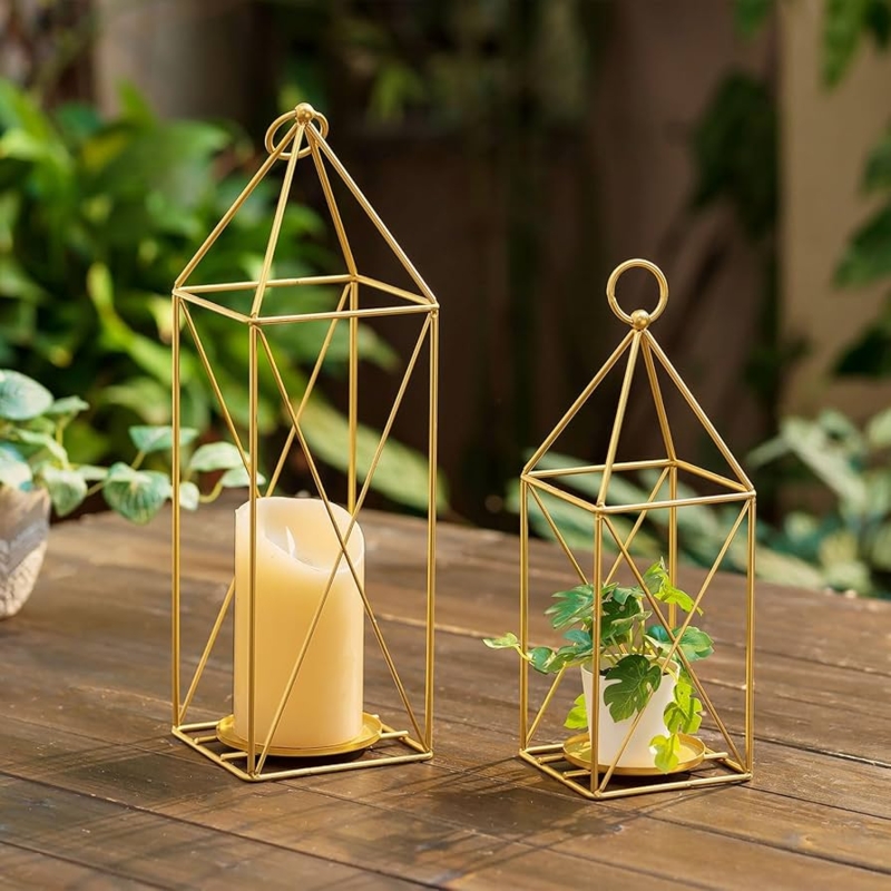 Lantern Set Tiered Base Square Handle Minimalist Metal