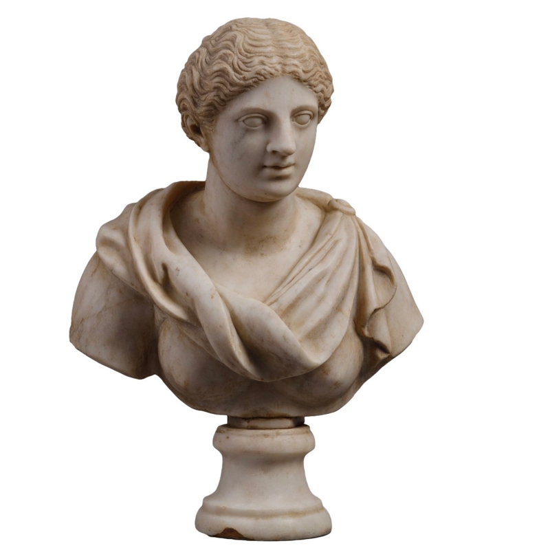 Large Antique Neoclassical Bust on Fluted Pedestal, Historic Replica