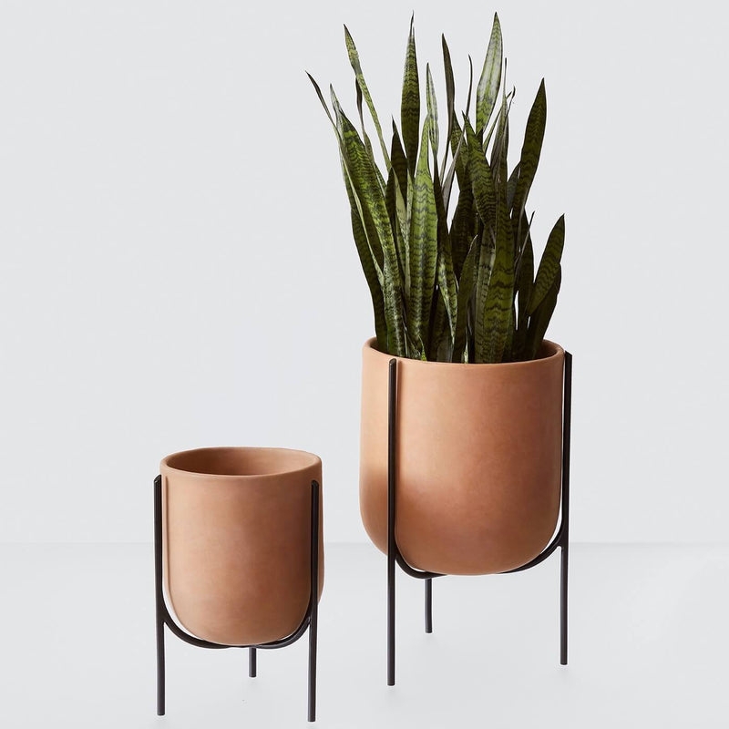 Large Beige Clay Floor Planter on Black Steel Tripod Base