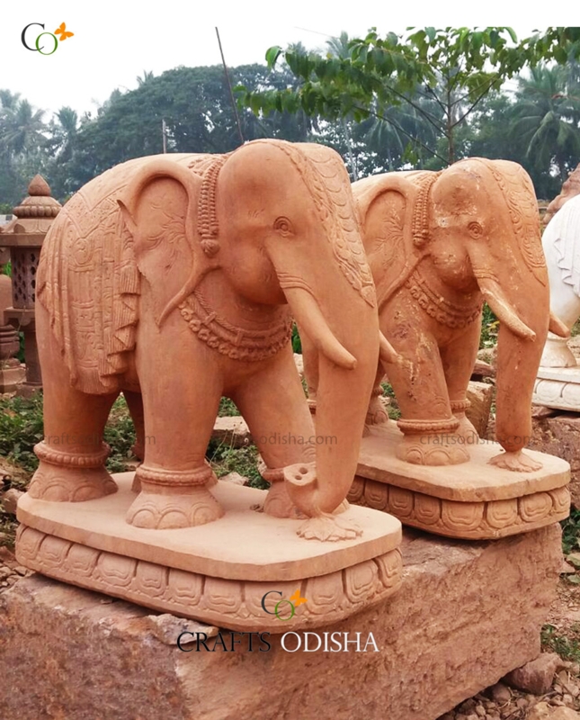 Large Carved Sandstone Elephant Garden Statue Set