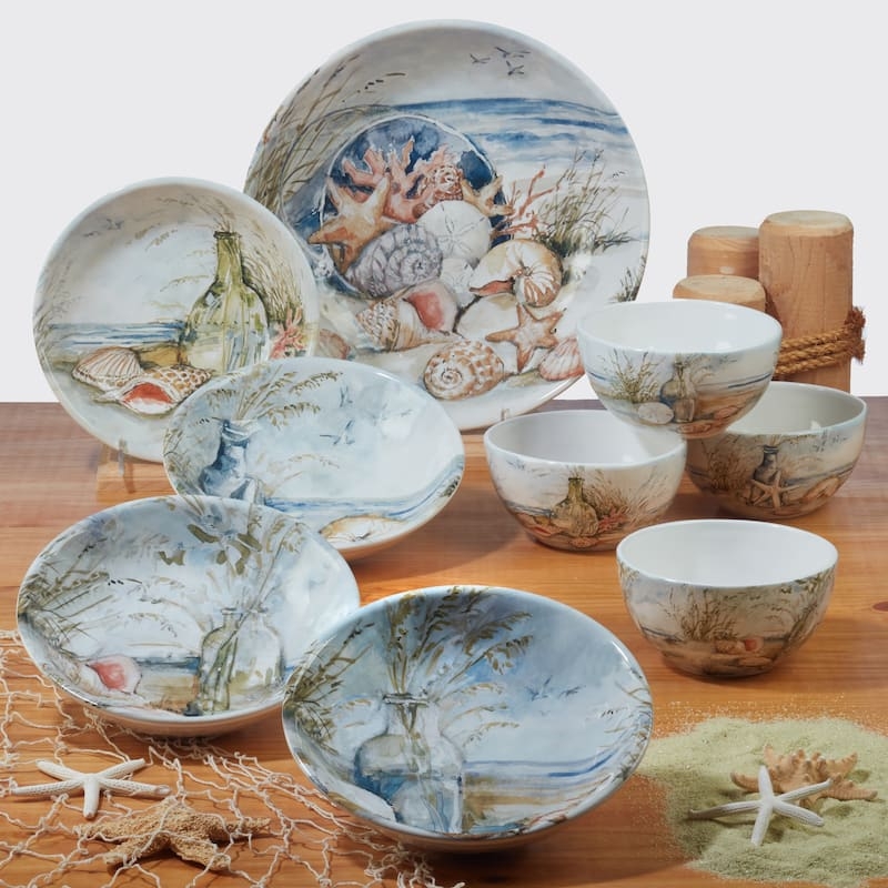 Large Ceramic Pasta Bowl with Coastal Landscape Illustration