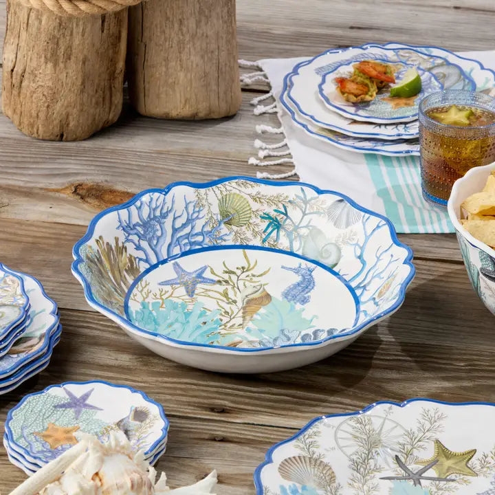 Large Coastal Serving Bowl with Blue Interior & Coral Texture