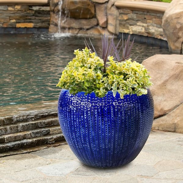 Large Cobalt Blue Planter with High-Gloss Finish and Vertical Ribbing