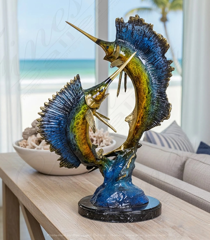 Large Dueling Sailfish Bronze Statue with Verdigris Accents