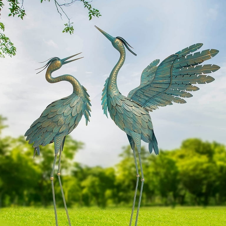 Large Metal Crane Garden Statue Set, Verdigris Finish, Coastal Decor