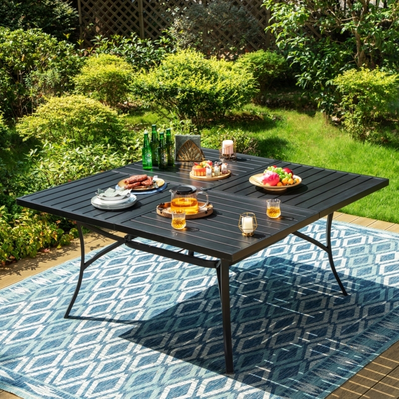 Large Square Outdoor Dining Table Black Metal Slatted Top