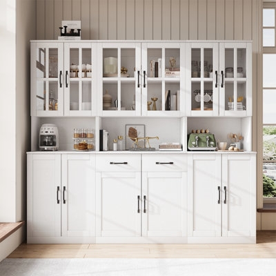 Large White Pantry Cabinet with Wood Countertop and Glass Hutch