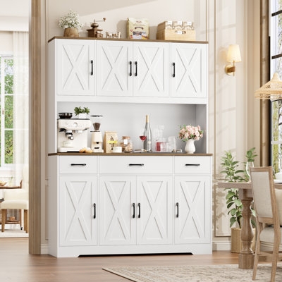 Large White Pantry with Microwave Shelf and X-Frame Glass Details