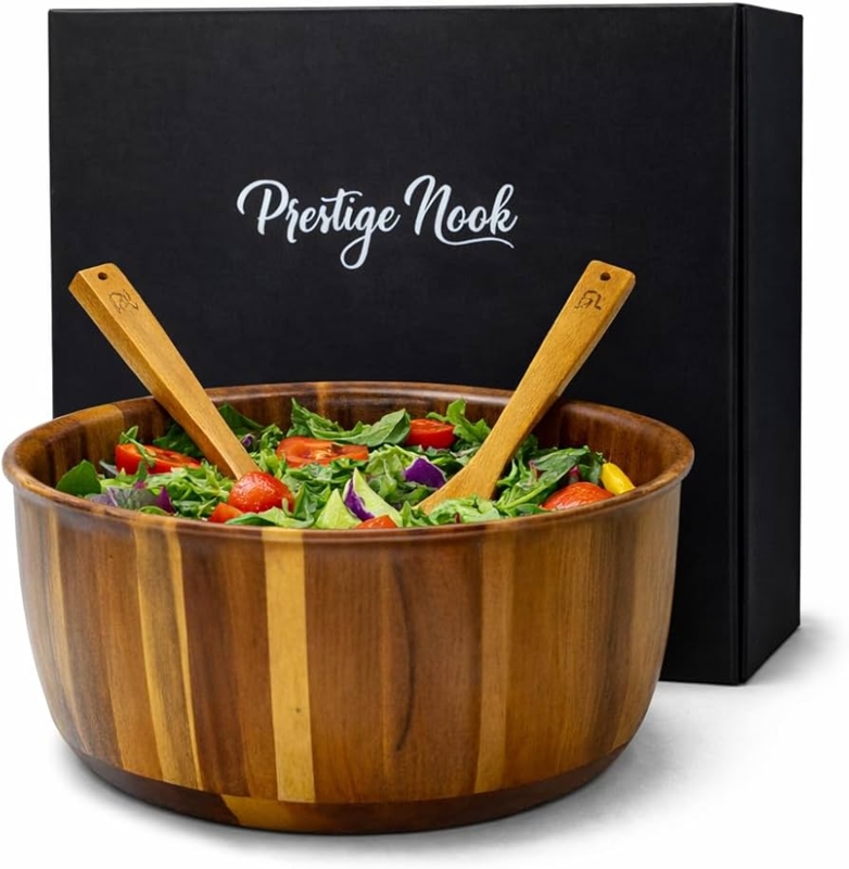 Large Wood Salad Bowl Set with Thick Rim & Servers