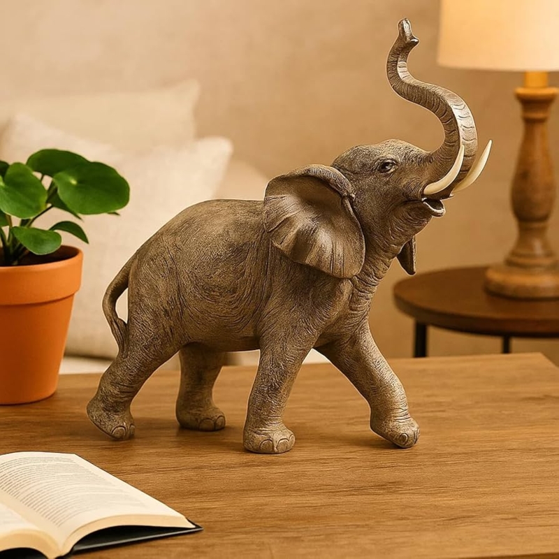 Large Wood-Toned Elephant Statue with Realistic Texture