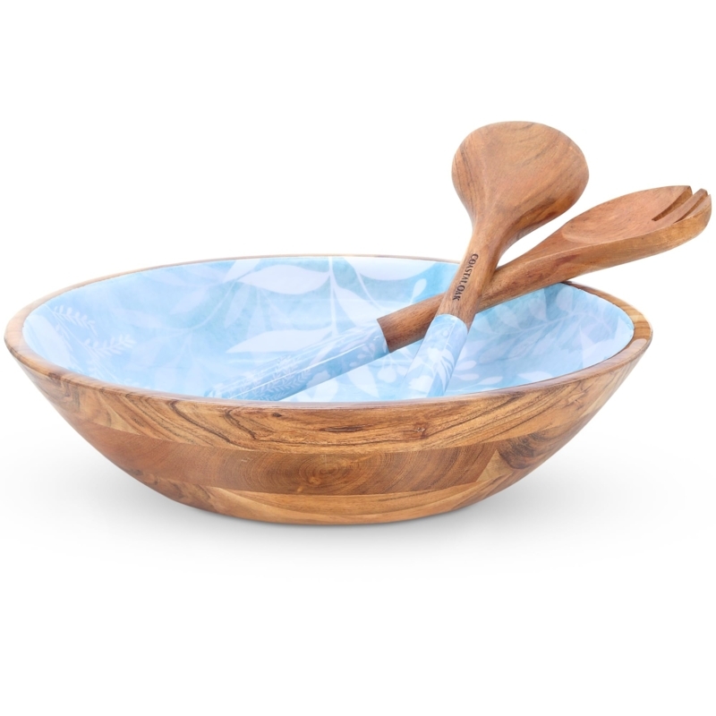 Large Wooden Salad Bowl Set with Natural Grain and Servers