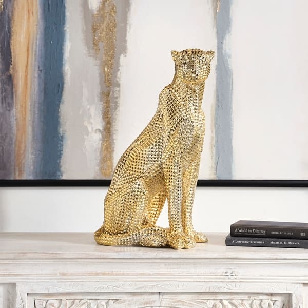 Leopard Sculpture Sitting Pose Diamond Facet Texture Gold