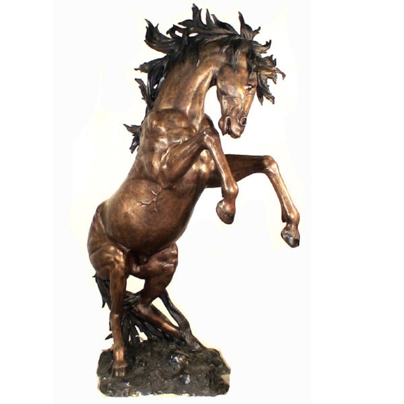 Life-Sized Rearing Horse Statue with Weathered Verdigris Patina for Garden