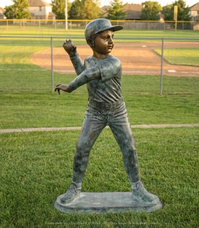 Lifesize Weathered Bronze Garden Statue of Baseball Pitcher