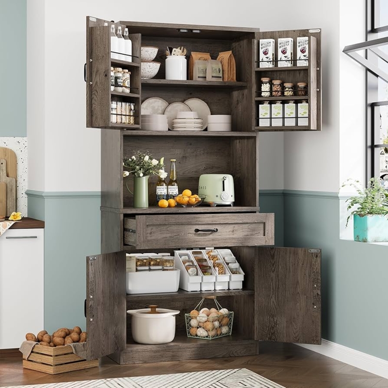 Light Oak Pantry Cabinet with Ribbed Doors & Power Outlet