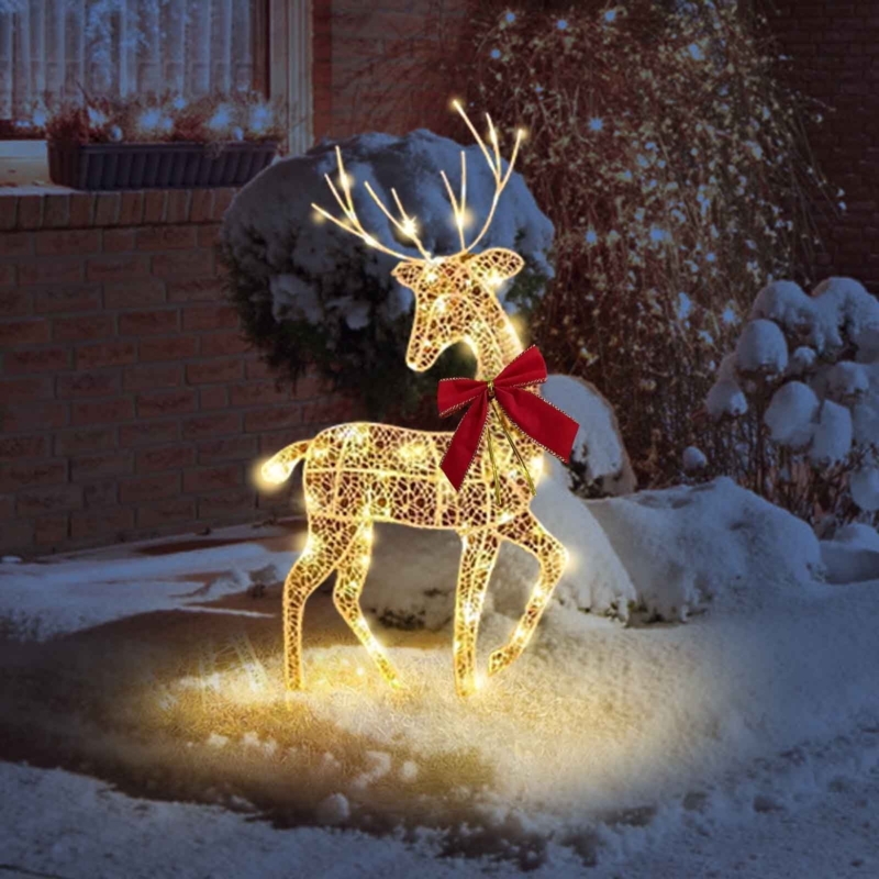 Light-Up Reindeer Set Gold Glitter Finish Shimmering Wireframe