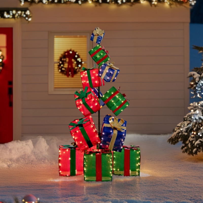 Lighted Gift Box Decoration Mesh Stacked Design Multi Color Glow