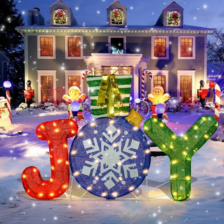 Lighted Outdoor JOY Sign Snowflake O Design Tinsel Gift Box Base