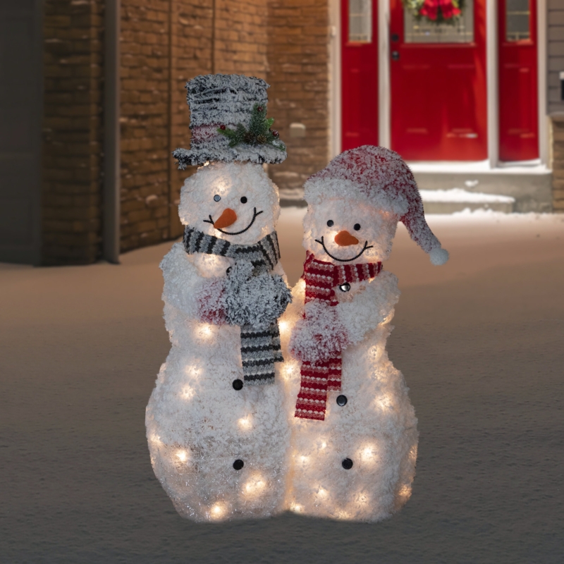 Lighted Outdoor Snowman Couple, Snowy Tinsel Finish Figures