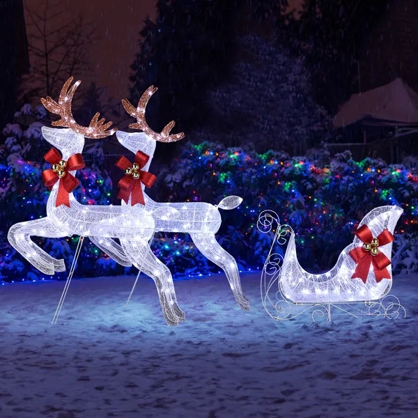 Lighted Reindeer And Sleigh Set Mesh Warm White LED 3 Piece