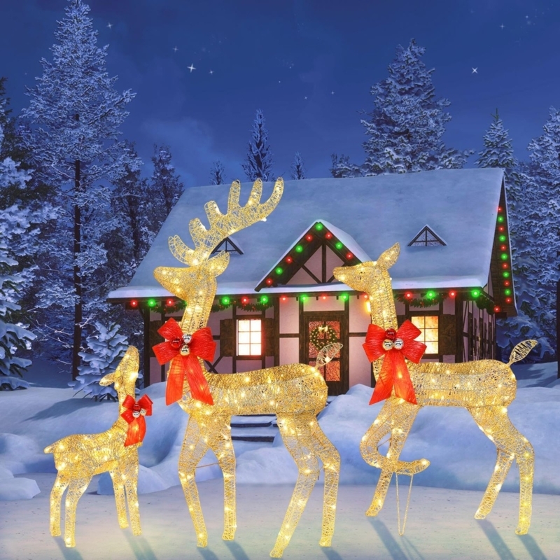 Lighted Reindeer Set Gold Toned Metal Wireframe Three-Piece