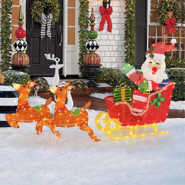Lighted Santa Sleigh Yard Decoration, 3-Piece Set, Champagne Wire Frame