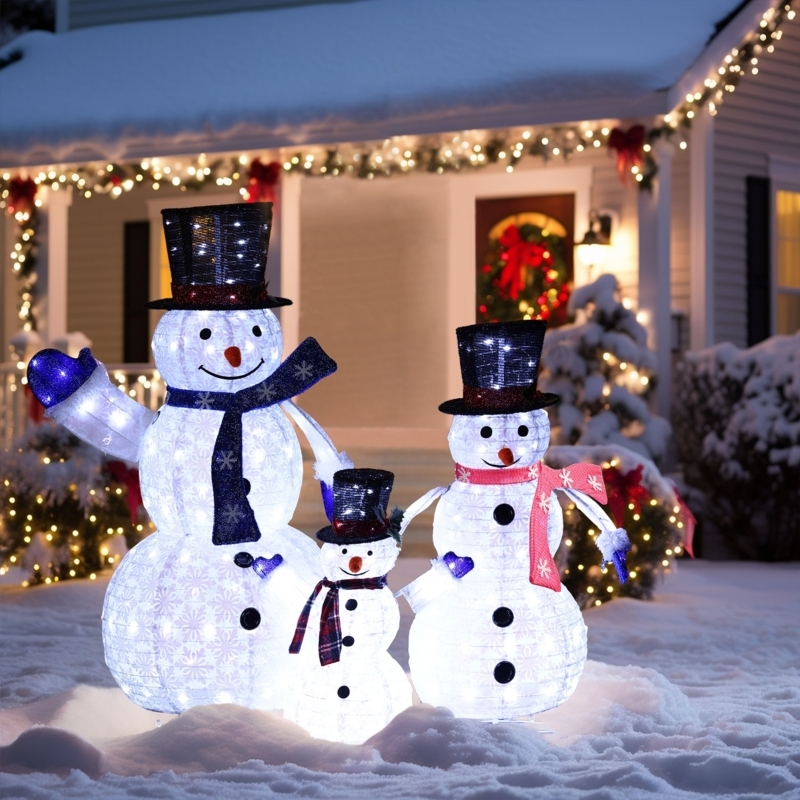 Lighted White Snowman Family Figurines Holding Brooms, Set of 3