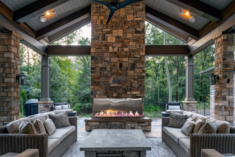 Linear Fireplace Double Corner Glass Media Built-In Stone Patio