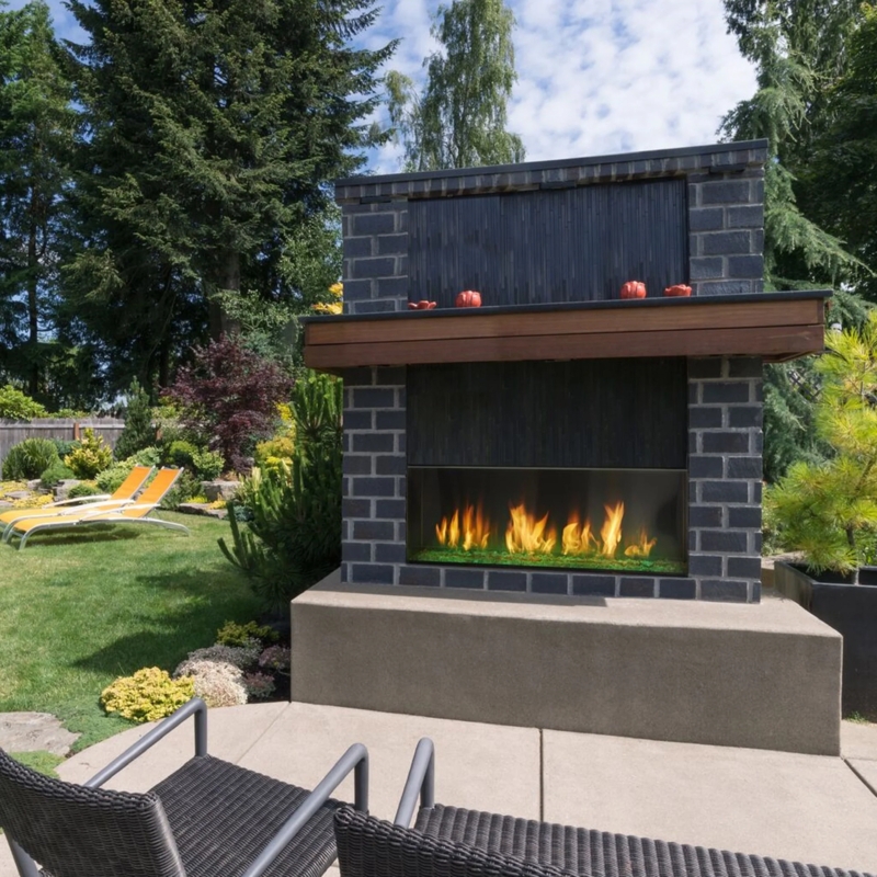 Linear Outdoor Fireplace Modern Design with Multicolored LED Lighting