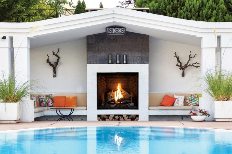 Linear Outdoor Fireplace: Modern Rustic Stone Hearth Design with Glass