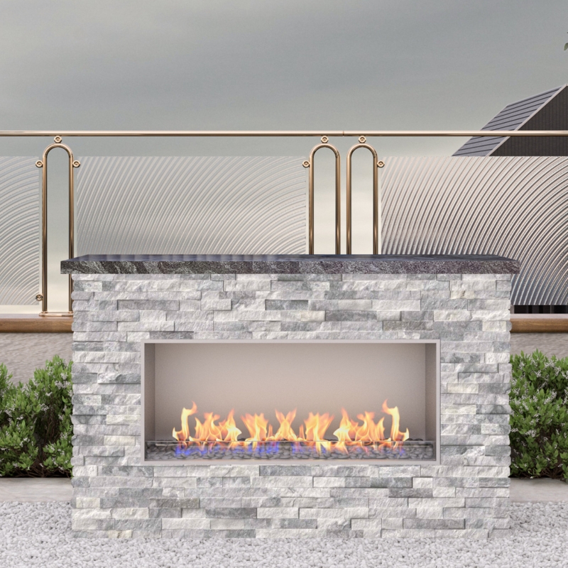 Linear Outdoor Fireplace with Stacked Stone Facade