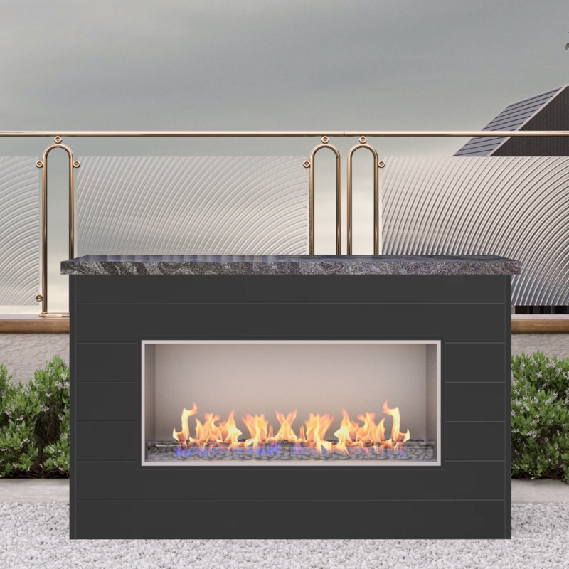 Linear Outdoor Fireplace with Textured Ironstone Finish