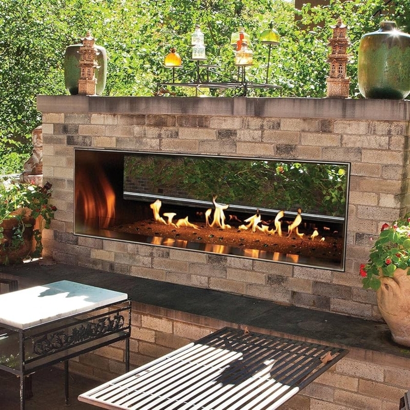 Linear Stainless Steel Fireplace with Blue Fire Glass