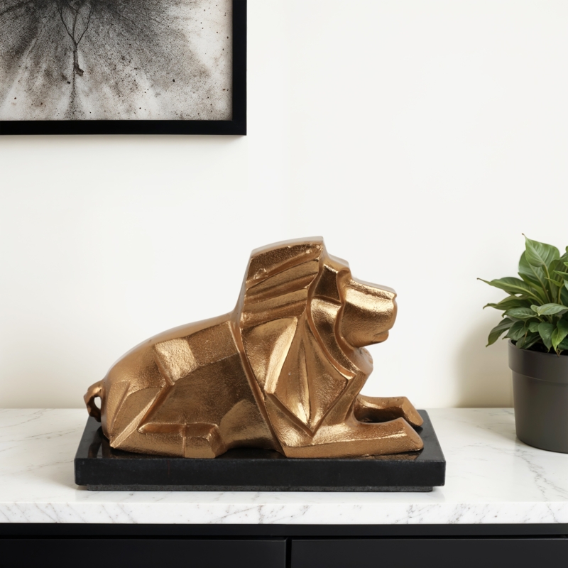 Lion Sculpture Geometric Facets Gold Black Base Modern Glam