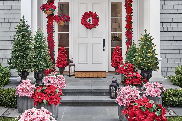Lit Poinsettia Urn Filler Arrangement with Festive Evergreen Mix