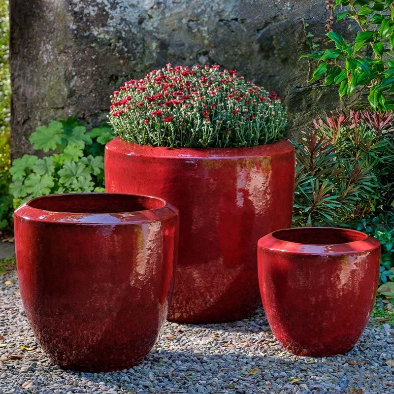 Low Bowl Planter Set featuring Thick Rims and Tropic Red Glaze