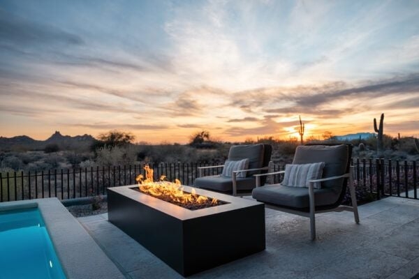 Low-Profile Fire Pit, Gray Stone-Like Finish, Smooth River Stone Filler.