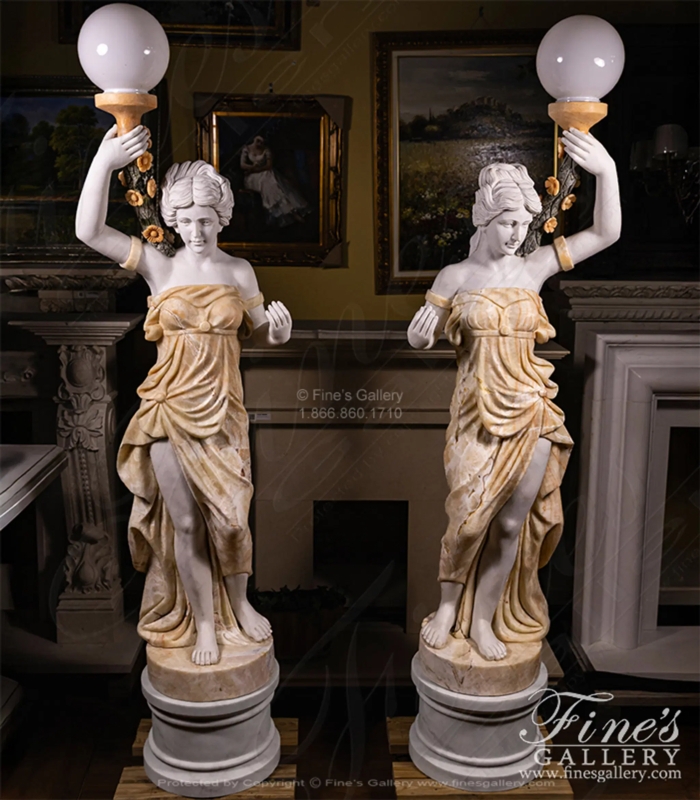 Marble Statue Pair Female Figural Holding Lamp Classical Lighting