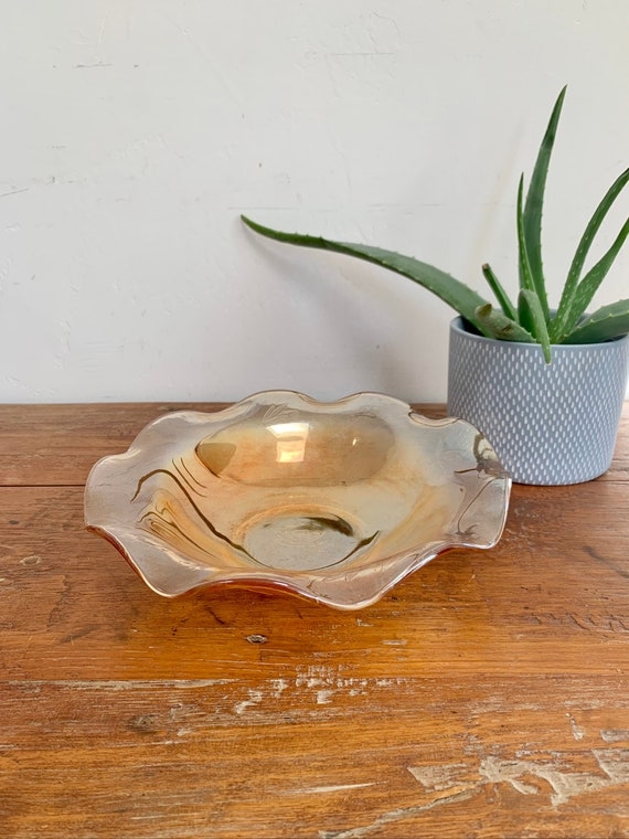 Marigold Iridescent Serving Bowl, Vintage Carnival Glass Scalloped Rim