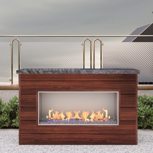 Masonry Outdoor Fireplace, Grey Stacked Stone Veneer, Tiered Chimney.