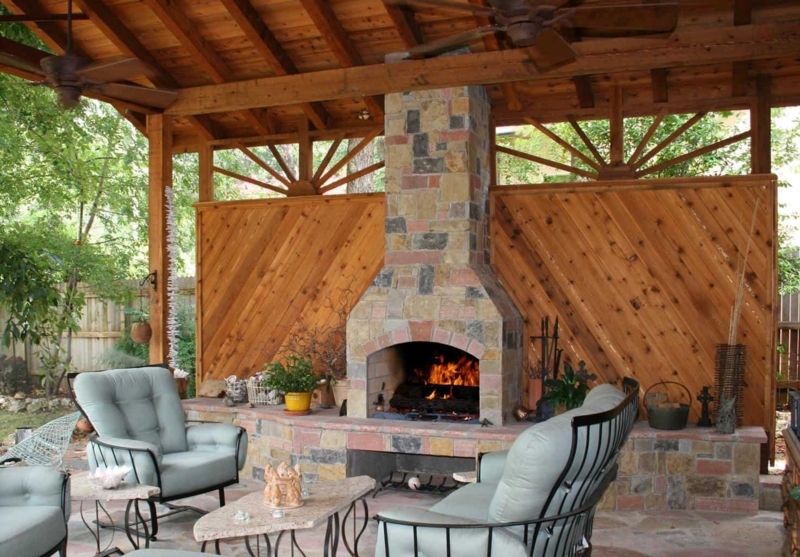 Masonry Outdoor Fireplace with Arched Opening & Stacked Stone