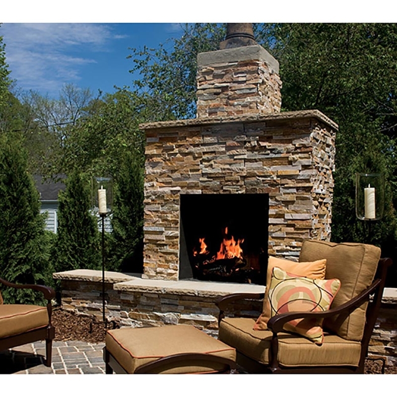 Masonry Outdoor Fireplace with Integrated Mantle and Light Gray Finish
