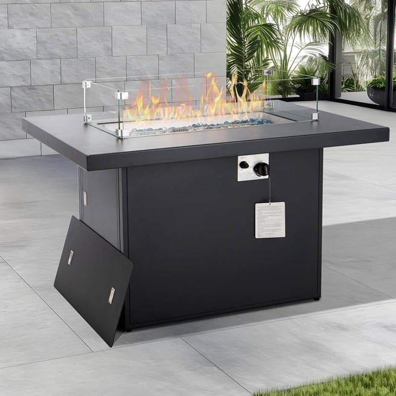 Matte Black Fire Pit Table, Slatted Aluminum Frame, Blue Glass Rocks.