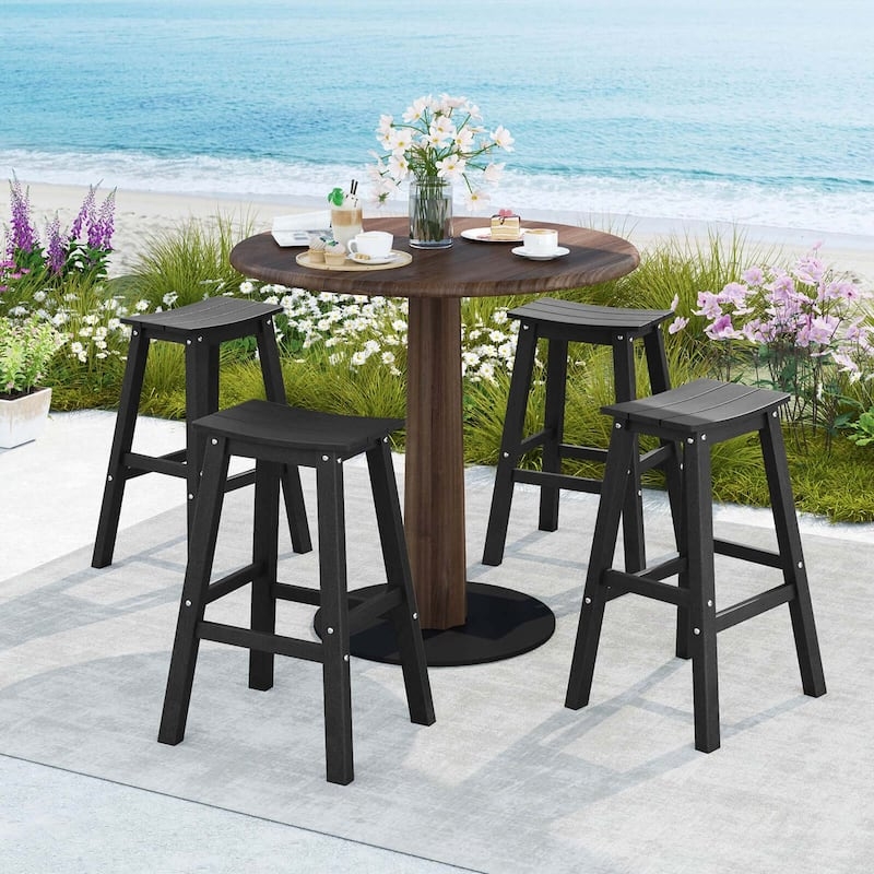Matte Black HDPE Bar Stools with Textured Wood Grain Saddle Seats