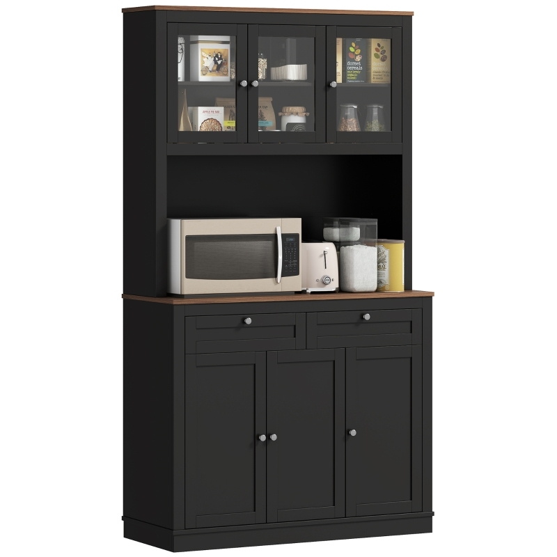 Matte Black Kitchen Pantry Cabinet with Microwave Stand & Drawers