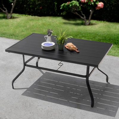 Matte Black Metal Patio Dining Table, Slatted Top with Umbrella Hole