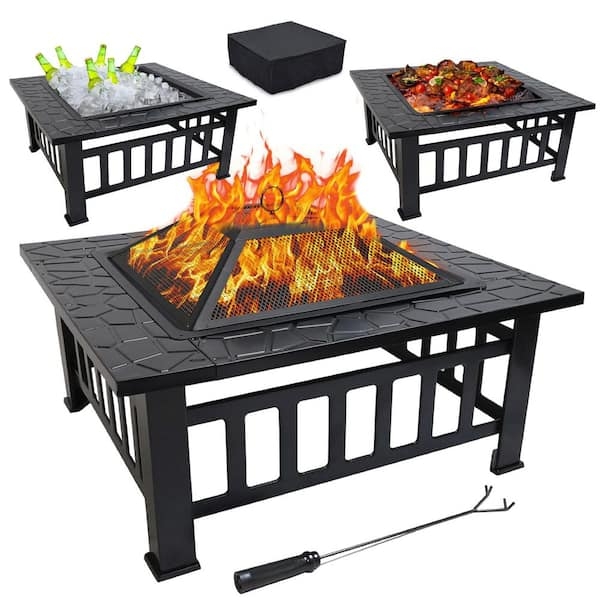 Matte Black Metal Square Fire Pit with Cross Brace Legs