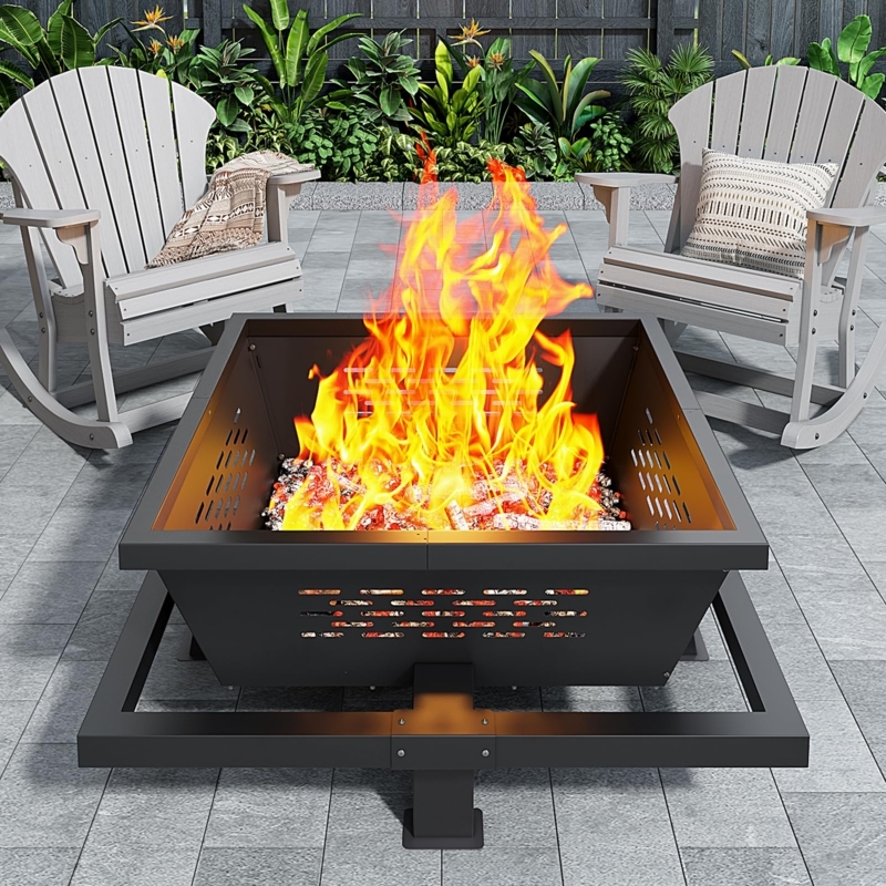 Matte Black Square Fire Pit Deep Basin with Mesh Lid