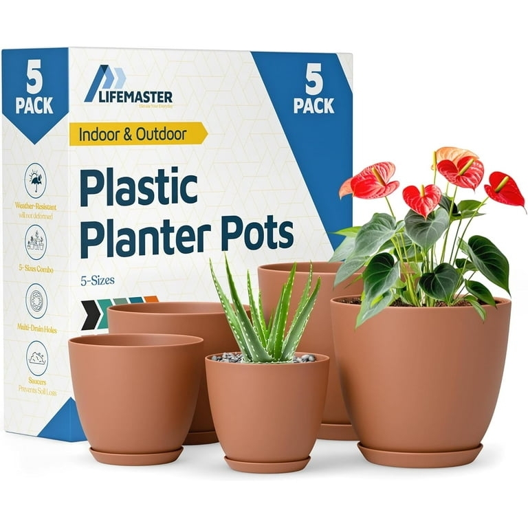 Matte Terracotta Colored Plastic Planter Set in Graduated Sizes