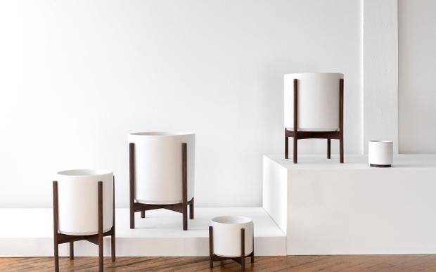 Matte White Ceramic Planter Set with Tapered Wood Cross Bases